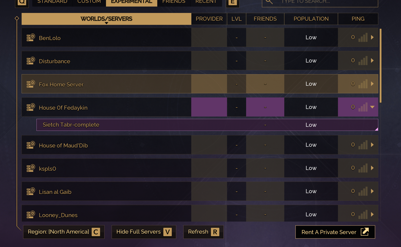 Dune server browser with House Of Fedaykin highlighted and Sietch Tabr-complete listed underneath