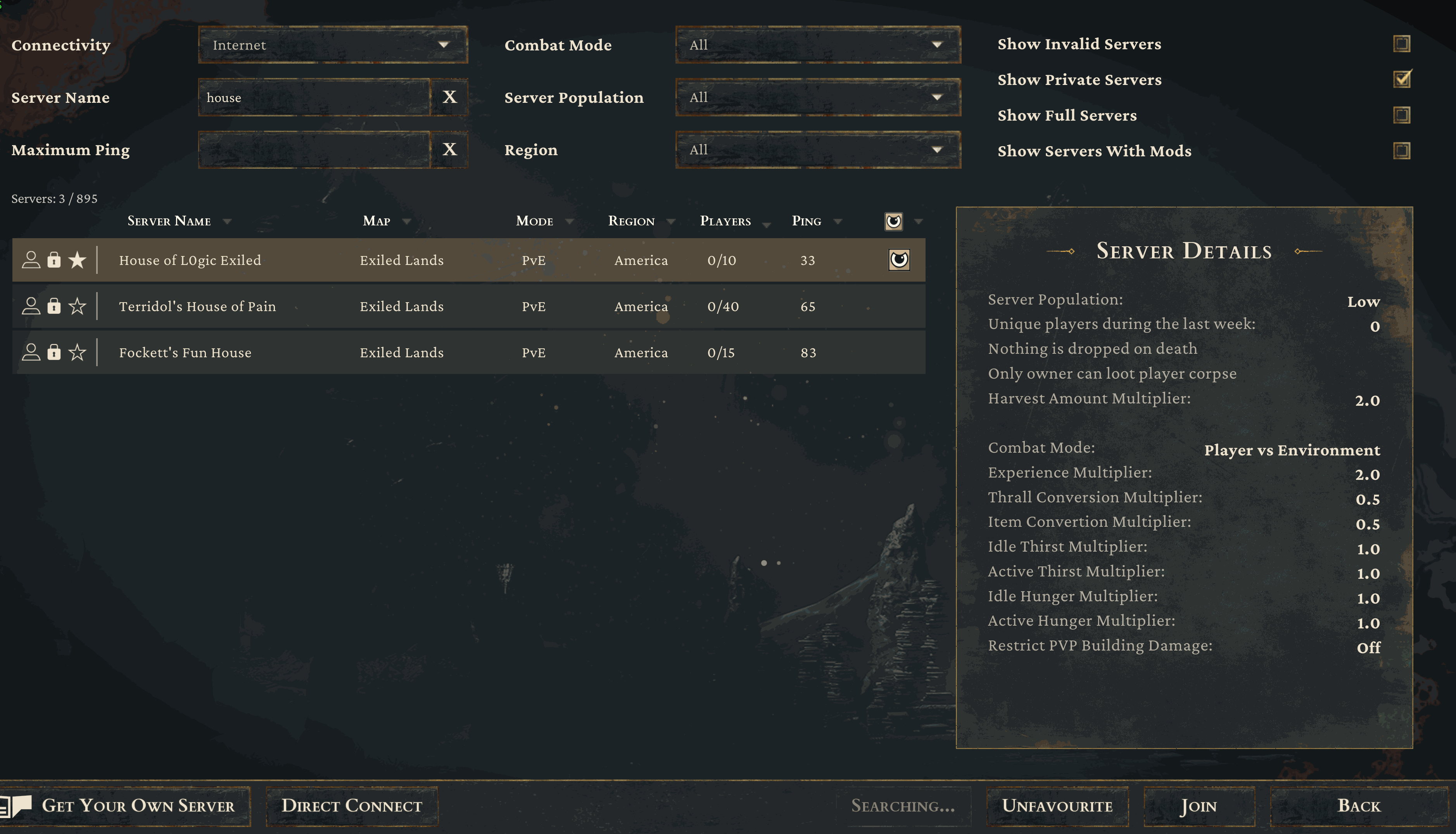 Server browser showing House of L0gic Exiled at the top with Server Details panel populated
