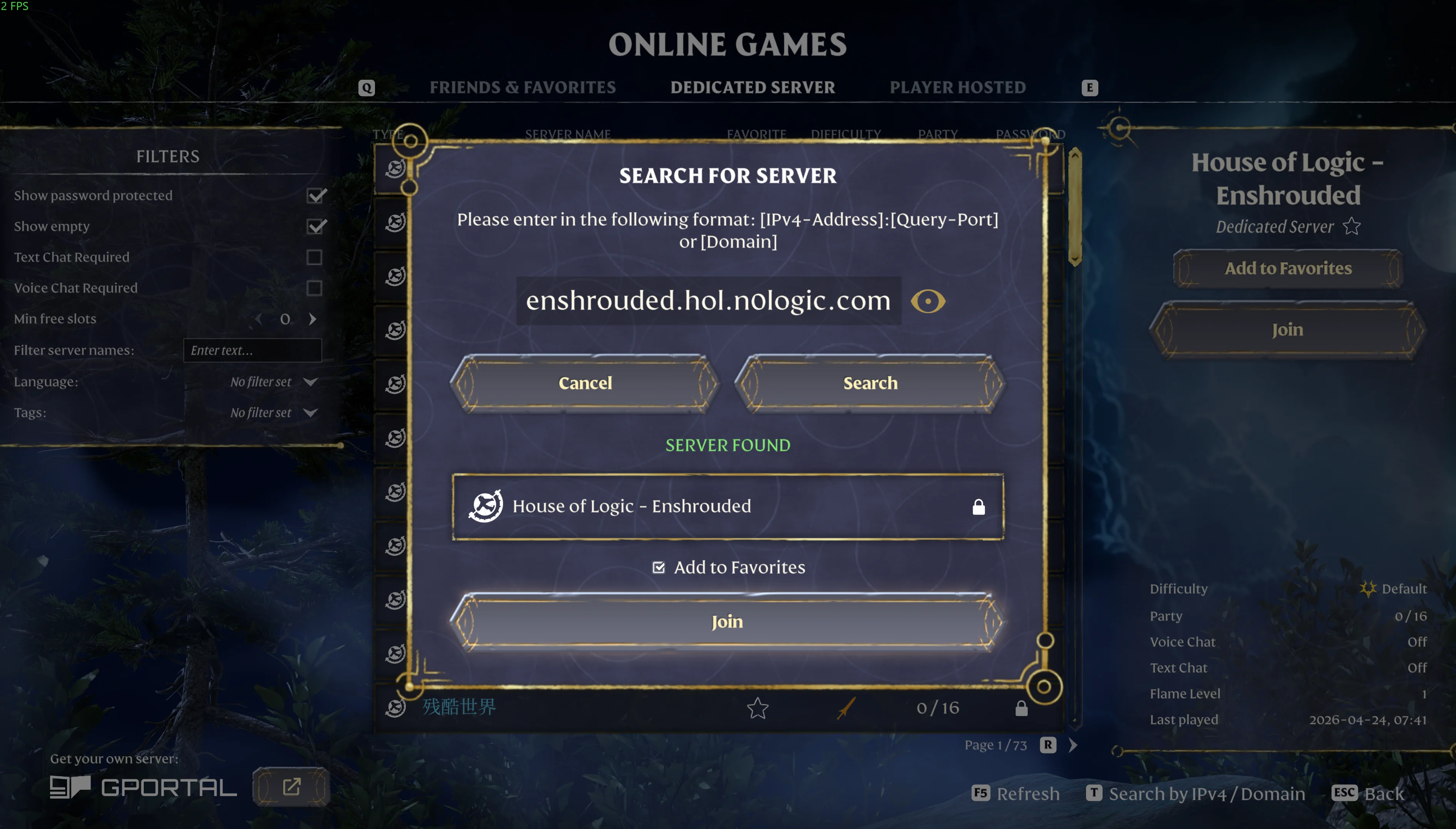 Add Server dialog with enshrouded.hol.n0logic.com entered showing server found