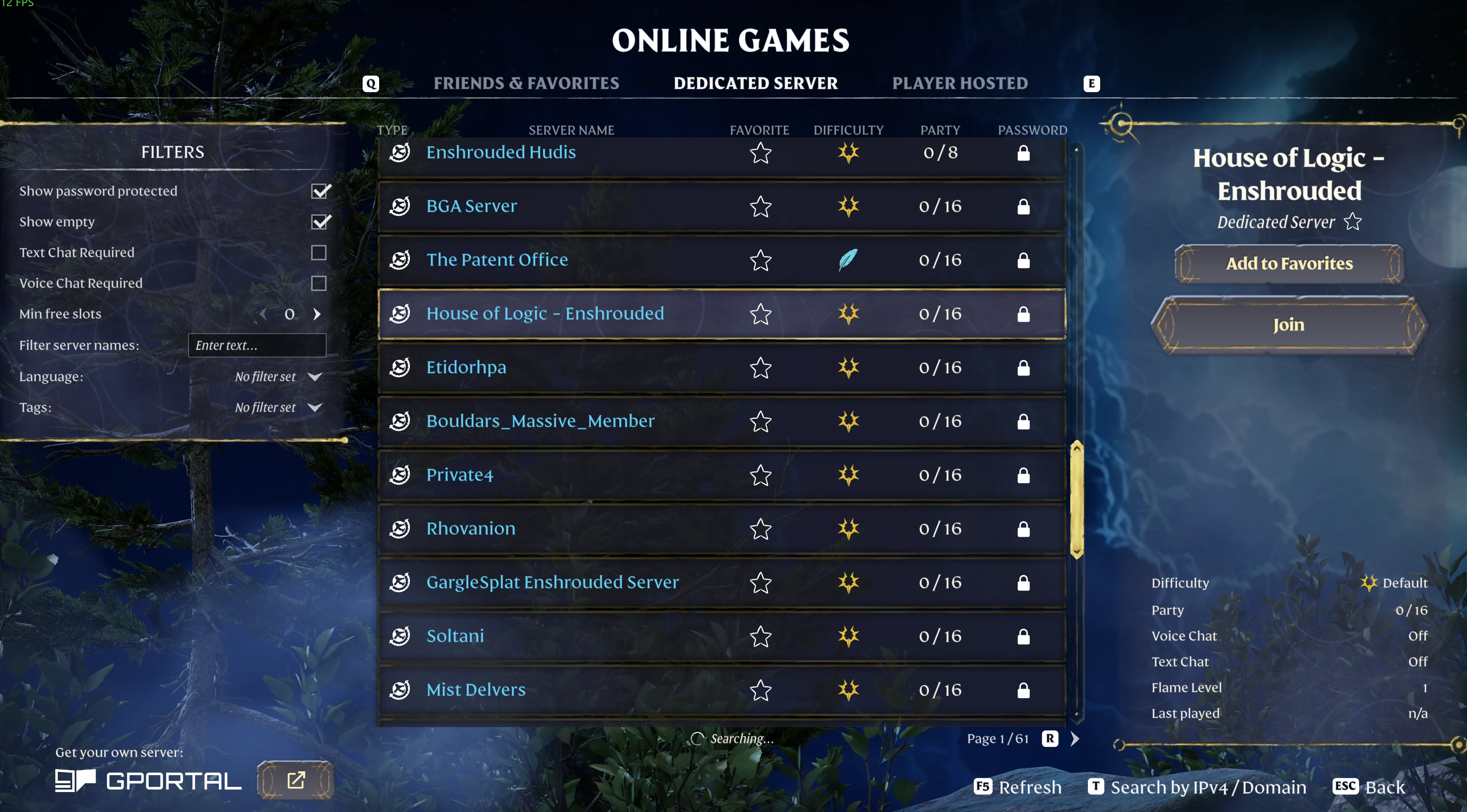 Enshrouded Online Games browser showing House of L0gic - Enshrouded in the Dedicated Server list